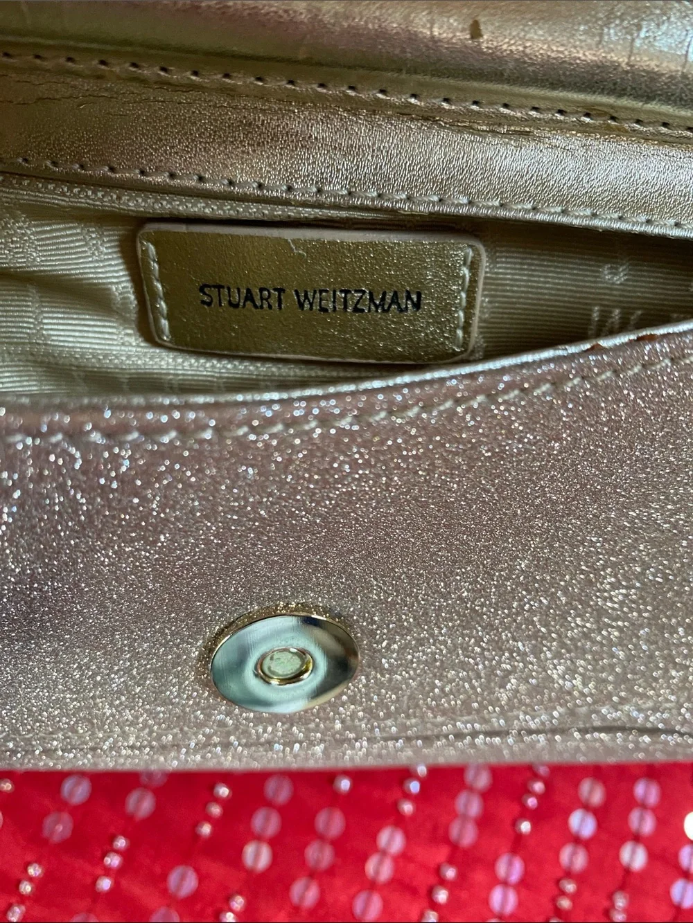 Stuart Weitzman With Certificates Sparkling Gold Logo Lining Bag With Gold Chain